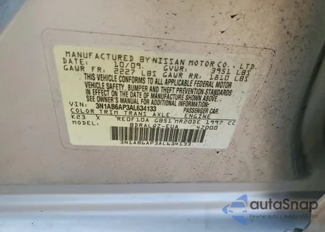 2010 Nissan Sentra 2.0 z USA, uszkodzony, nr VIN 3N1AB6AP3AL634133